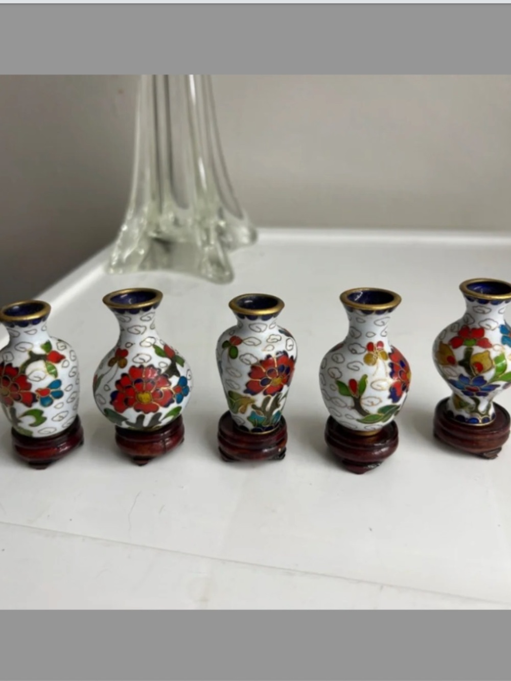 VINTAGE Lot Of 5 Chinese Vases Metal Multi Color Floral on wooden stands
